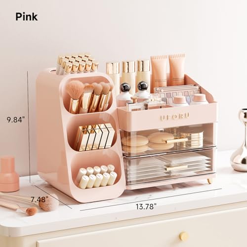 Makeup Organizer for Vanity with Brush Holder, Large Plastic Bathroom Countertop Skincare Organizer with 2 Drawers, Spacious Cosmetic Display Case for Perfumes, Eyeshadow Palettes, Nail Polishes - color: Pink, size: Large
