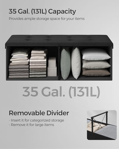 SONGMICS Mazie Collection - 43 Inches Storage Ottoman, Foldable Storage Bench with Flipping Lid, 660 lb Load Capacity, for Entryway, Living Room, Bedroom, Ink Black ULSF076B01 - color: Ink Black, size: 15"D x 43"W x 15"H