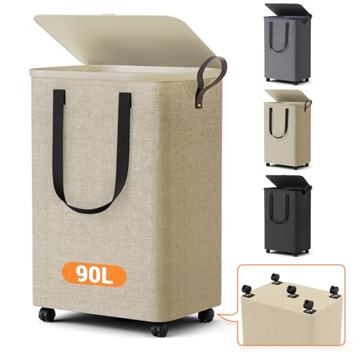 Laundry Basket with 5 Wheels, Tall Dirty Laundry Hamper, Rolling Laundry Basket with Lid, Large 90L Collapsible Clothes Hamper for Laundry Room Bedroom Bathroom Dorm, Khaki - color: khaki, size: 90L