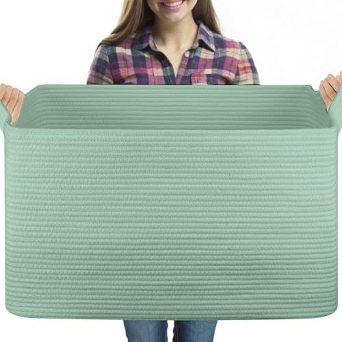 OIASKET 95L Extra Large Blanket Basket, 24" x 16.9" x 14.2" Woven Storage Basket for Living Room, Rectangle Nursery Blanket Storage for Toys, Towels, Dirty Clothes (Green) - color: Green, size: 24"x16.9"x14.2"