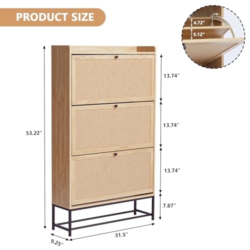 Shoe Cabinet Storage for Entryway, Narrow Shoe Cbinet with 3 Filp Drawers, Wood Freestanding Shoe Organizer Cabinet with Metal Legs, Hidden Storage Behind Door for Hallway, Living Room (Natura) - color: Linen-natural, size: 3 Drawer-Divider