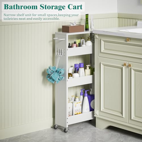 XYZLVSI Slim Storage Cart, 4 Tier Rolling Kitchen Cart on Wheels for Small Space, Narrow Laundry Bathroom Organizers Mobile Shelving Unit Metal Utility Cart with Handle, 5.9in Width, White - size: 5.9IN-White
