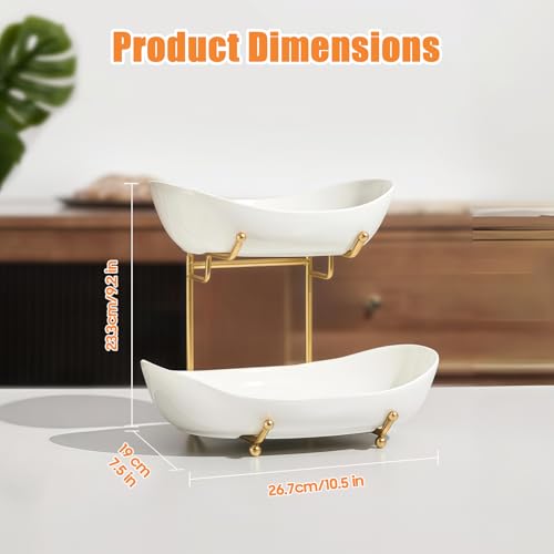 2 Tier Ceramic Fruit Bowl for Kitchen Counter, Tiered Fruit Basket for Countertop, Modern Multi Layer Fruit Display Stand for Party, Cute (Gold&White, Small) 1 - color: Gold&White, size: Small