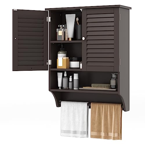 Tangkula Wall Mounted Bathroom Cabinet w/Open Shelf & Bar, Medicine Cabinet w/Double Louvered Doors, Adjustable Shelf, Wall Storage Cabinet for Bathroom Living Room Kitchen (Espresso) - color: Espresso