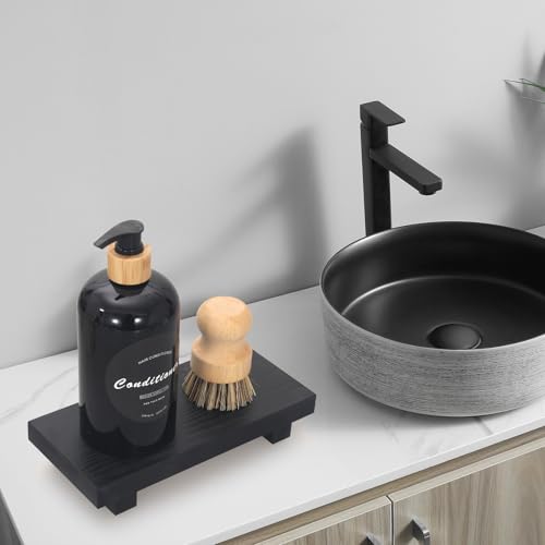 Black Bathroom Vanity Organizer Tray for Countertop Small Wooden Pedestal Stand Farmhouse Kitchen Sink Tray Decorative Hand Soap Dish Dispenser Holder Wood Risers Modern Bathroom Decor Accessories - color: Black, size: 8.6" x 4" x 1.6"