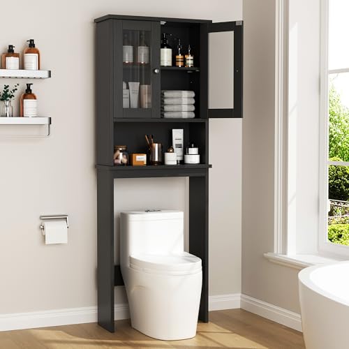 Walsunny Over Toilet Storage Cabinet, BathroomShelf Organizer Over Toilet, Washing Machine Box, Space Saver with Adjustable Decorative Racks（Black） - color: Black, style: 1 Open Shelf