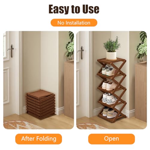 YYW Shoe Rack, Foldable Bamboo Shoes Shelf, Freestanding Shoe Storage Organiser for Entryway, Bedroom, Closet, Hallway - Functional, Natural Shoe Rack (Brown, 5 Layers) - color: Brown, size: 5 layers