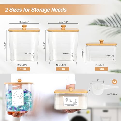 COAZEX 3 Pack Plastic Laundry Pods Container & Dryer Sheet Holder, Laundry Room Organization and Storage Jars with Lids, Scoops & Labels for Detergent, Powder, Scent Booster - color: D-2+1 Pack