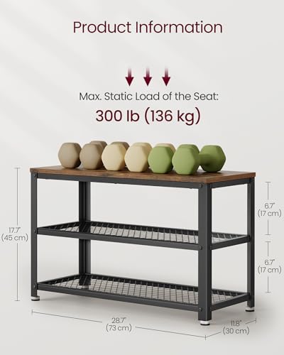 VASAGLE 3-Tier Shoe Rack, Shelf Storage Bench with Metal Mesh Shelves and Seat, Free Standing Shoe Organizer for Entryway, 11.8 x 28.7 x 17.7 Inches, Rustic Brown and Black ULBS73X - color: Rustic Brown + Black, size: 28.7"W x 17.7"H, style: Bench