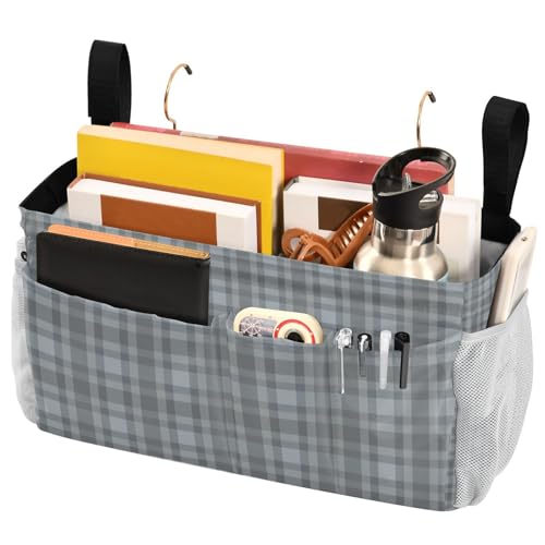Bedside Caddy Hanging Bunk Bed Caddy Bed Organizer Hanging Pocket with 2 Hooks Bedside Storage Organizer Pocket Bag Holder Grey Plaid - color: Grey Plaid