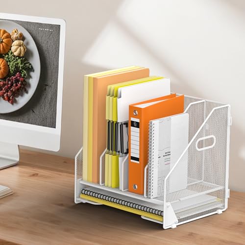 Docnest Desk File Holder Sorter, 4 Vertical Compartments Rack with Letter Tray, Mesh Magazine File Holder with Handle,Workspace Organizers,Desk Organizers for Paper, Mail, Documents-White - color: White-4 Compartments