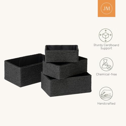 LA JOLIE MUSE Storage Baskets Set 4 - Sturdy Woven Paper Rope Decorative, Stackable Wicker Baskets for Makeup Closet Bathroom Bedroom (Ebony Black) - color: Black