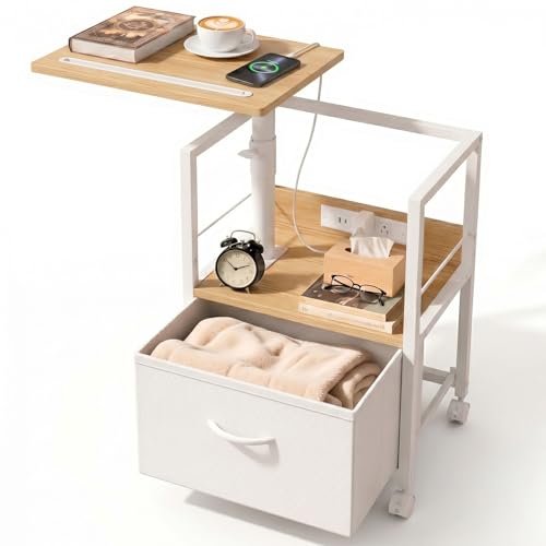 Faesun Swivel Lift Top Nightstand with Charging Station, Rolling Side Table for Recliner, Bedside Table with Wheels & a Fabric Drawer, for Small Spaces, for Bedroom, Living Room, Oak White - color: Oak White, size: 1 Drawer