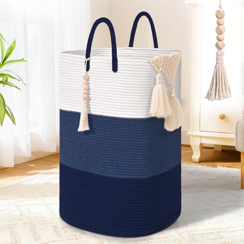 Woven Laundry Basket for Clothes,65 L Large Rectangle Laundry Hampers with Beads Tassel, Nursery Storage Basket for Toys, Tall Dirty Clothes Hamper for Bedroom Aesthetic, Laundry Room Organization - color: Gradient Blue, size: 65L