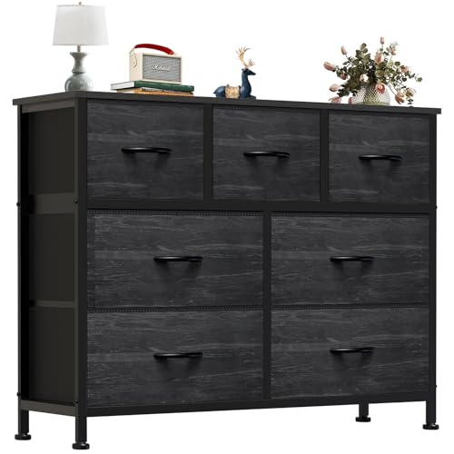 OLIXIS 7 Drawers Dresser for Bedroom, Fabric Storage Tower for Living Room, Entryway - Sturdy Steel Frame, Wooden Top and Easy Pull Fabric Bins, Closet Chests Organizer for Clothes,Black Wood Grain - color: Black Wood Grain, size: 11.8"D x 39.4"W x 30"H (