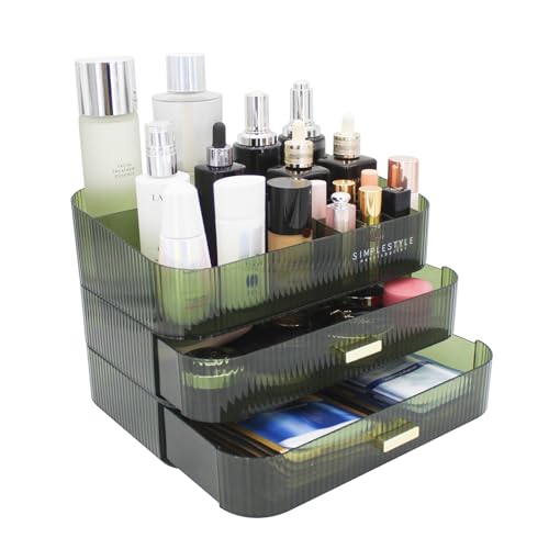 Makeup Organizer with 2 Drawers, Cosmetics Organizer for Bedroom and Bathroom Vanity Countertops, Large Capacity Cosmetic Storage Box for Skincare Cream Perfume Lipstick Dresser Counter-Green - color: Green-1, size: 2 Drawers