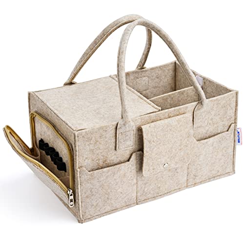 Maliton Baby Diaper Caddy Organizer with Handles, Felt Caddy for Changing Table, Newborn Essentials Bin with Lid - color: Khaki with lid, size: Large