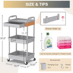 Goovilla 3 Tier Rolling Utility Cart Organizer with Removable Drawer, Stable and Sturdy Grey Rolling Storage Carts with 2 Lockable Wheels for Bathroom, Kitchen, Snack, Craft, Makeup, Baby Essentials - size: 3 Tier, style: Gray