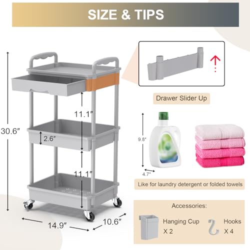 Goovilla 3 Tier Rolling Utility Cart Organizer with Removable Drawer, Stable and Sturdy Grey Rolling Storage Carts with 2 Lockable Wheels for Bathroom, Kitchen, Snack, Craft, Makeup, Baby Essentials - size: 3 Tier, style: Gray