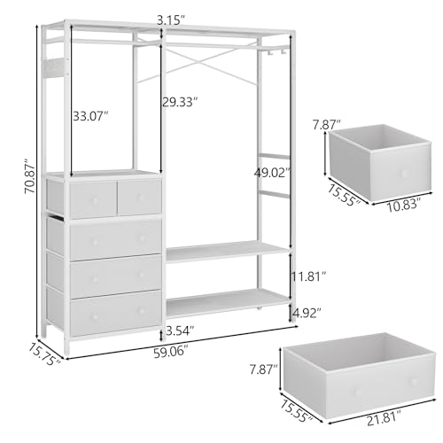 Auromie Clothes Rack with 5 Drawers & 4 Storage Shelves, 59.1W*70.9H Heavy Duty Clothing Rack with 2 Hanging Rods, Wardrobe Closet Organizer System with 5 Hooks, Freestanding Garment Rack (White) - color: White