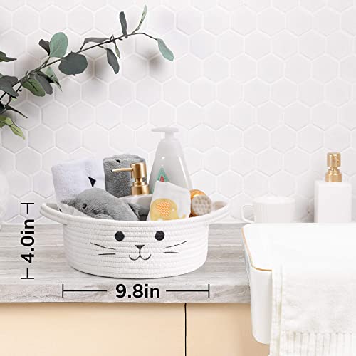 Small Woven Basket, Cute Cat Toy Basket for Living Room, Decorative Nursery Bin for Toys, Diapers, Empty Gift Baskets for Baby, White, 9.8 x 4 inches - color: White, size: 9.8"W x 4"H
