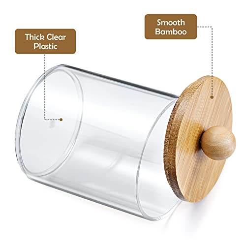 4 Pack Qtip Holder Dispenser with Bamboo Lids - 10 oz Clear Plastic Apothecary Jar Containers for Vanity Makeup Organizer Storage - Bathroom Accessories Set for Cotton Swab, Ball, Pads, Floss - size: 4 Pack of 10 oz