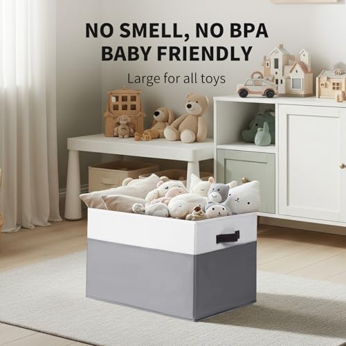 2 Pack EXTRA LARGE Blanket Storage Baskets with Lids, 22”x16”x12” Closet Organizers Bins for Clothes Towel/ Storage Box with Lid Handles/ Stackable Decorative Fabric Bins for Living Room, Nursery - color: White with Grey