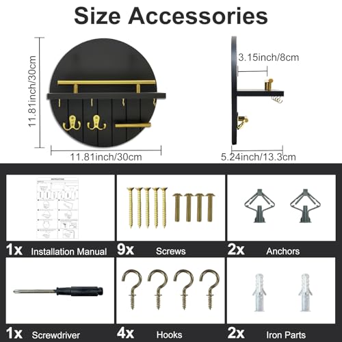OurWarm Key Holder Wall Mount, 11.8 Inch Black Decorative Key and Mail Holder Organizer with 8 Key Hooks, Round Wooden Key Rack Key Hanger with Shelf for Wall Entryway Boho Home Decor