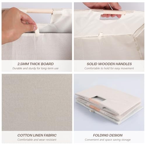 Fabric Storage Bin Box Foldable Cotton Linen Storage Basket with Wooden Handles Rectangular Cube Decorative Home Laundry Organizer Clothes Blanket Container – Beige, Medium - color: Beige, size: Medium