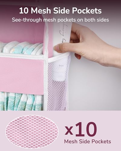 ULG 1 Pack Over Door Organizer with 5 Large Pockets 10 Mesh Side Pockets, 44 lbs Weight Capacity Hanging Storage Organizer with Clear Window Kids Toys, Shoes, Diapers, Pink - color: Pink, size: 1 Pack-5 Tier
