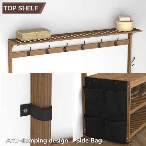 AMBIRD 6-in-1 Bamboo Hall Tree with Shoe Storage, Entryway Organizer Shoe Bench with 16 Coat Hooks and Cloth Bag, Sturdy Bamboo Storage Bench, 46 * 15 * 70 inches Brown - style: Classic, 47''L