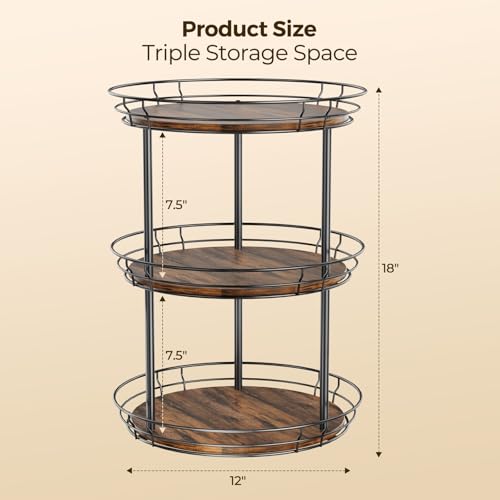 LAMU 12'' Lazy Susan Turntable Organizer, 3 Tier Round Rotating Spice Rack Organization for Kitchen Cabinet and Countertop, Wooden Lazy Susan for Table Top, Pantry, Bathroom, Vanity, Home Decor - size: 12in - 3 Tier