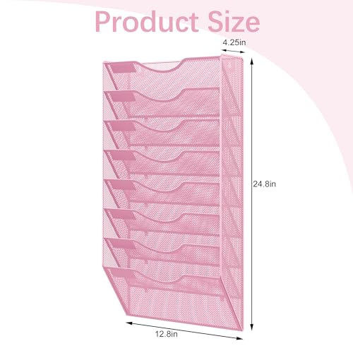 EasyPAG 8 Pocket Mesh Wall File Organizer, Hanging Paper Folder Holder with Classify Label, Vertical Wall Mount Mail Organizer for Office Home Classroom, Pink - color: Pink, size: 8 Tier
