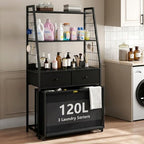 Gyfimoie Laundry Sorter with 2 Drawers, 3 Section Laundry Hamper with 2 Tiers Shelf,120L with Pull-Out Rolling Bags,Laundry Organizer for Laundry Room,Bathroom,Dorm (Black)