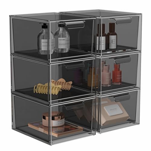 SpaceHacks 6 Pack Stackable Makeup Organizer and Storage, Acrylic Organizers，Clear Plastic Storage Drawer with Pull-Out Handles for Vanity, Undersink, Kitchen Cabinets, Pantry, Black - color: Black, size: 6 Pack