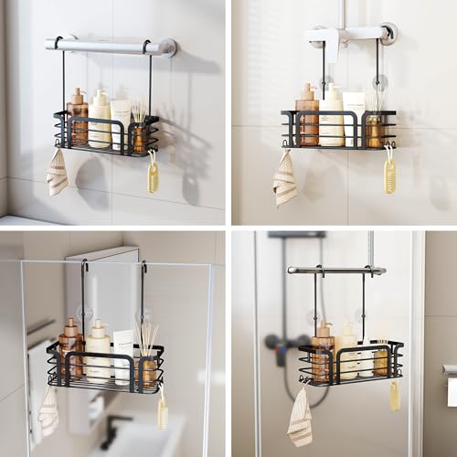 SWTYMIKI Shower Caddy Hanging Organizer - Over the Door Shower Caddy with 6 Hooks, 2 Installation Ways, Stainless Steel Rustproof Bathroom Organizer, Black - color: Black-1 tier