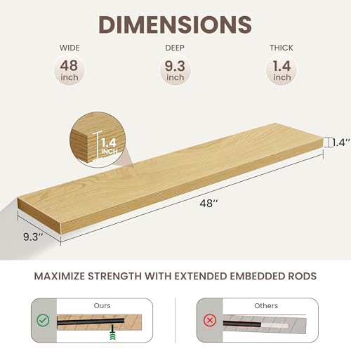 Acovy Floating Shelves for Wall,48 Inch Wall Mounted Rustic Wood Shelves,9.3" Deep Wall Shelf with Invisible Brackets,Large Deep Floating Shelf for Bathroom,Bedroom,Living Room,Book/Storage/Decor,Oak - color: Oak, size: 48 Inch,Set of 2