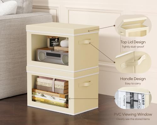 Homsorout Collapsible Storage Bins with Lids - Stackable Storage Containers with Window, 3 Pack Fabric Organizing Bins for Closet, Home & Office Organization Baskets, Beige, 14.9" x 9.8" x 9.8" - color: Beige, size: L(3-Pack)
