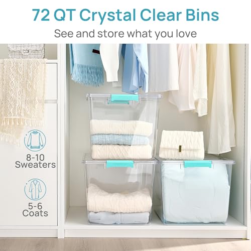 Vtopmart 2 Pack 72 QT Crystal Clear Storage Bins with Lids, 4 Pack Stackable Plastic Large Latching Boxes Totes Tubs Container for Closet Organizers and Storage, Bedroom, Clothes, Bedding - color: Teal, size: 72 Qt