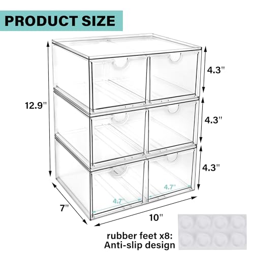 Prsildan Stackable Clear Makeup Organizer, 3 Pack Acrylic Storage Drawers with 6 Drawers for Vanity Bathroom Office Desk Modular Drawer System for Cosmetics Jewelry Toiletries Home Organization - style: Style2-6Drawers