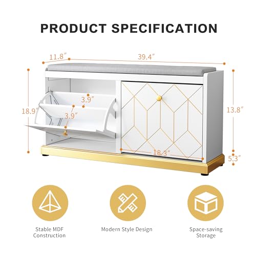 HLR Shoe Bench with Storage, Modern Entryway Bench with 2 Flip Drawer & Padded Cushion Seat, Shoes Storage Bench for Hallway, Closet, Living Room, White Shoe Storage Cabinet with Bench - color: White