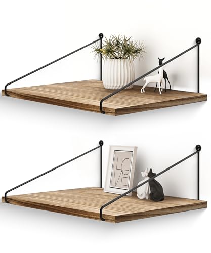 Afuly 12 Inch Deep Floating Shelves for Wall, Rustic Farmhouse Wall Mounted Hanging Shelf Large Wood Organizers Bookshelf, Set of 2 - color: Brown & Black, size: 11.7"D x 16.5"W