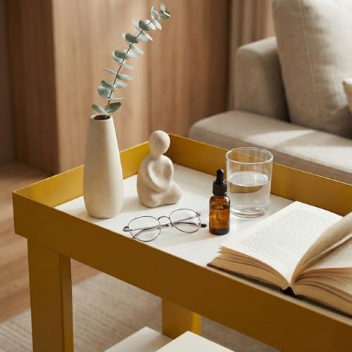 Modern 3-Tier Gold Side Table, Narrow End Table with White Tray Top Shelves, Slim Nightstand Bedside Table for Small Spaces, Living Room, Bedroom, Bathroom Storage Organizer Stand (White+Gold) - color: White + Gold