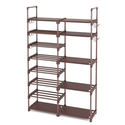 ROJASOP Shoe Rack Organizer, 8-Tier Metal Shoe Rack for Closet Entryway Garage, 26-32 Pairs Tall Shoe Boot Storage Shelf with 15 Hooks, Stackable Large Shoe Stand, Brown - color: Brown