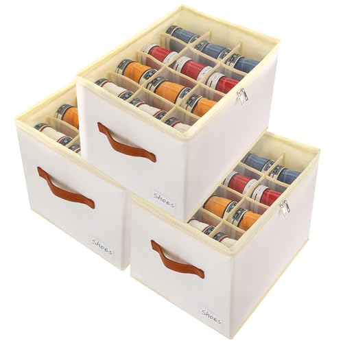Patinao 3 Pack Shoe Storage Box Organizer for Closet - 36 Cell Space Saver Shoes Containers Bin with Clear Lids Stackable, Can Fit Ottoman, Foldable Shoe Rack Cabinet Cubby for Wardrobe - size: 3 Pack