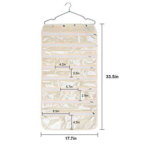 Luney Hanging Jewelry Organizer with Zippers, 56 Pockets Earring Holder Organizer with Pockets for Woman, for Hanging Earrings, Necklaces, Bracelets, Rings, Storage, Closet (Beige) - color: beige