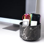 Round Leather Art Supply Organizer,Remote Control Holder,360-degree Rotating Pen Organizer with 4 Compartments(1-Marble Black Silver) - color: 1-Marble Black Silver