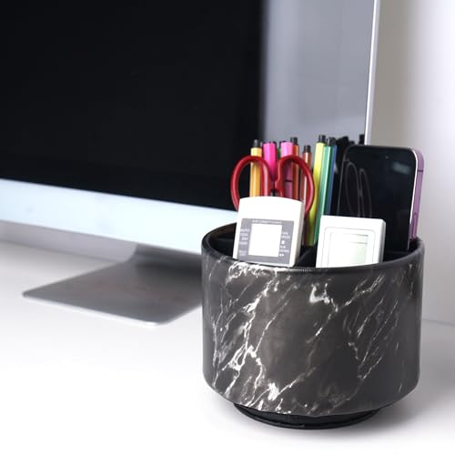 Round Leather Art Supply Organizer,Remote Control Holder,360-degree Rotating Pen Organizer with 4 Compartments(1-Marble Black Silver) - color: 1-Marble Black Silver