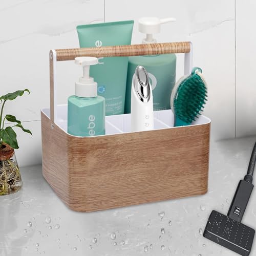 BYUNER Shower Caddy Portable for College: Devided Bathroom Caddy Shower Basket for Dorm with Handle, Plastic Bathroom Counter Organizer Storage Tote Bin for Dorm,Kitchen,Cabinet, Wood Grain - color: Wood Grain
