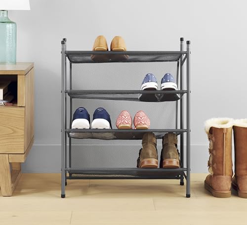 Whitmor Metal & Mesh 4-Tier Shoe Rack, Store up to 12 Pairs of Shoes, Stackable, 9" L x 21.6" W x 27" H, Gunmetal - size: 4-Tier,Gunmetal